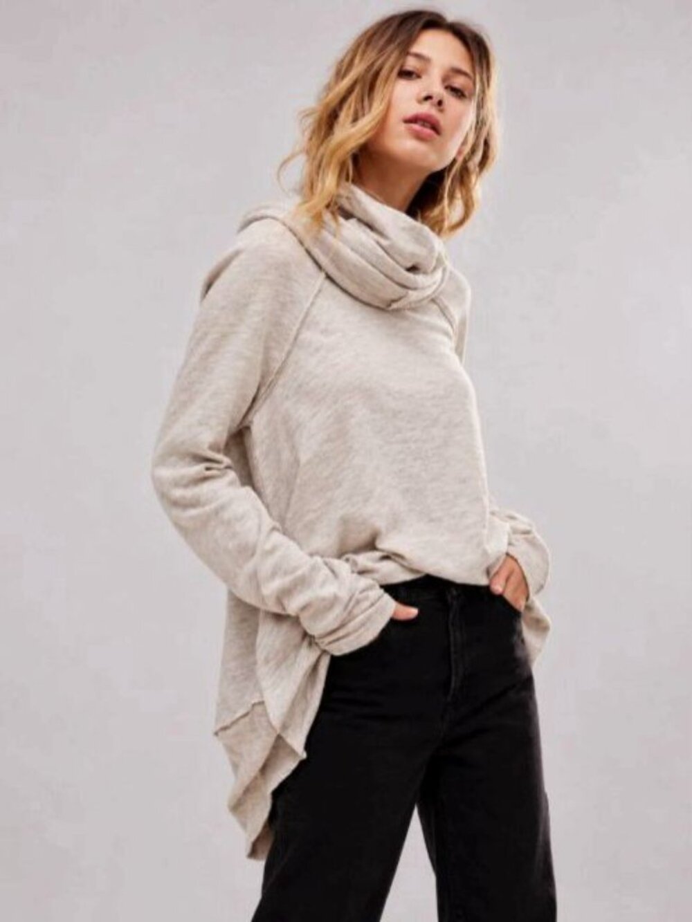 Free People Womens Cocoon Cowl Neck Pullover Oatmeal Slub Knit Raglan Top XS/S